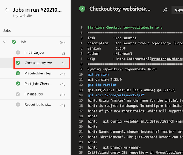 Captura de tela que mostra o log do trabalho do pipeline, com a etapa 'Check-out' realçada.