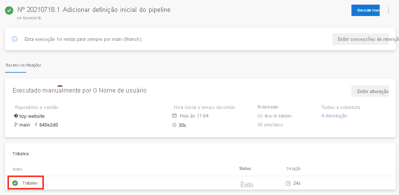 Captura de tela que mostra o pipeline, com o trabalho com o status Êxito e o nome do trabalho realçados.