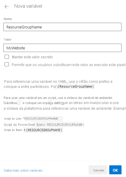 Captura de tela do Azure DevOps que mostra a criação de uma variável.