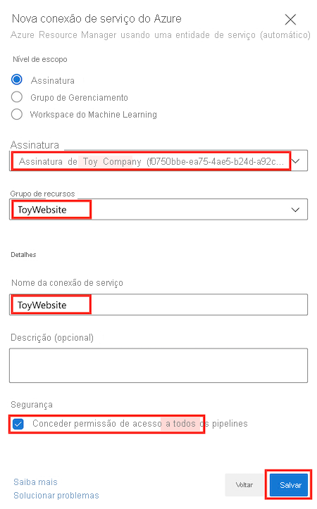 Captura de tela do Azure DevOps que mostra a página 'Criar conexão de serviço', com os detalhes preenchidos e o botão Avançar realçado.