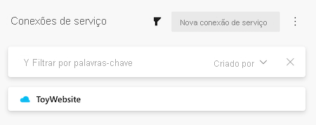 Captura de tela do Azure DevOps que mostra a lista de conexões de serviço com a conexão de serviço ToyWebsite incluída.