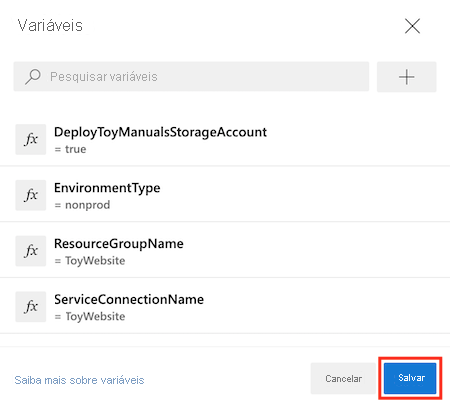 Captura de tela do Azure DevOps que mostra o editor de variável de pipeline com o botão Salvar realçado.