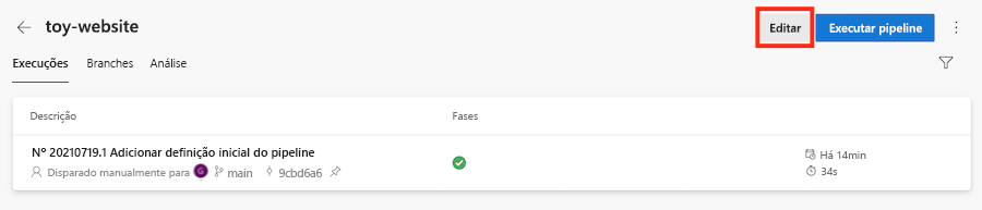 Captura de tela do Azure DevOps que mostra o pipeline, com Editar realçado.