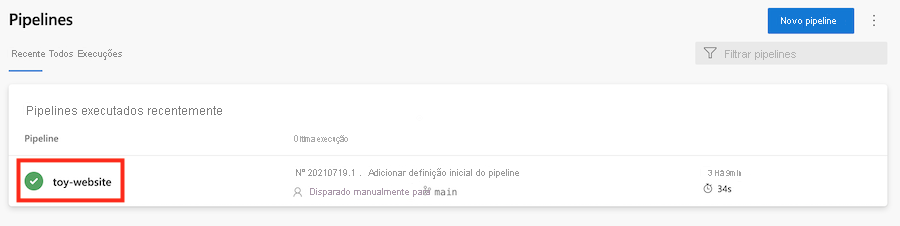 Captura de tela do Azure DevOps que mostra a lista de pipelines com o pipeline do site de brinquedos realçado.