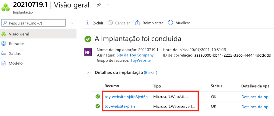 Captura de tela do portal do Azure que mostra os detalhes de implantação do grupo de recursos com os recursos do Serviço de Aplicativo realçados.