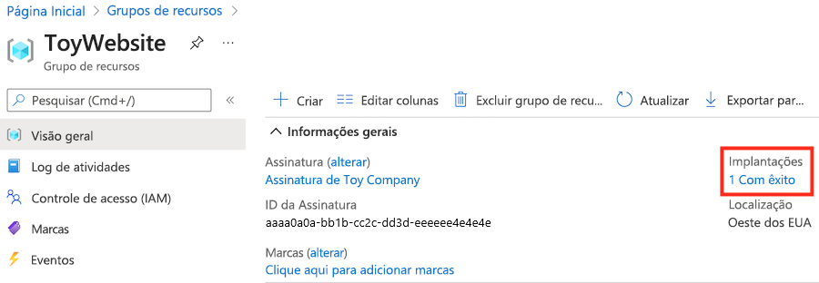 Captura de tela do portal do Azure que mostra o grupo de recursos com uma implantação bem-sucedida.