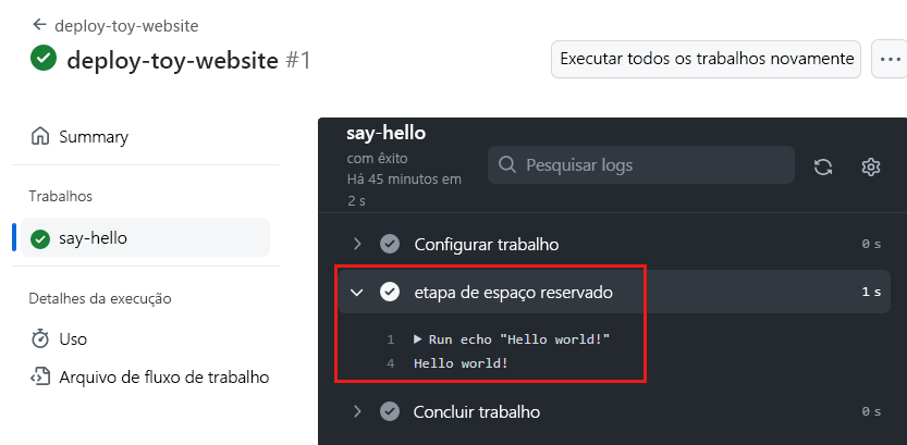 Screenshot of the GitHub interface showing the workflow run log, with the placeholder step log shown.