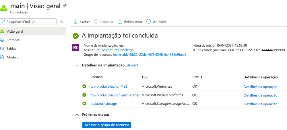 Captura de tela que mostra a interface do portal do Azure para a implantação específica, com a conta de armazenamento e os recursos do Serviço de Aplicativo listados.