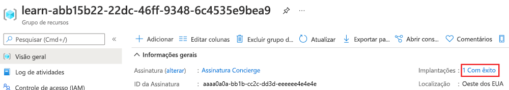 Captura de tela da interface do portal do Azure para a visão geral do grupo de recursos com a seção de implantações mostrando uma implantação bem-sucedida.