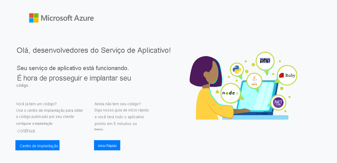 Captura de tela da página de boas-vindas do Serviço de Aplicativo padrão.
