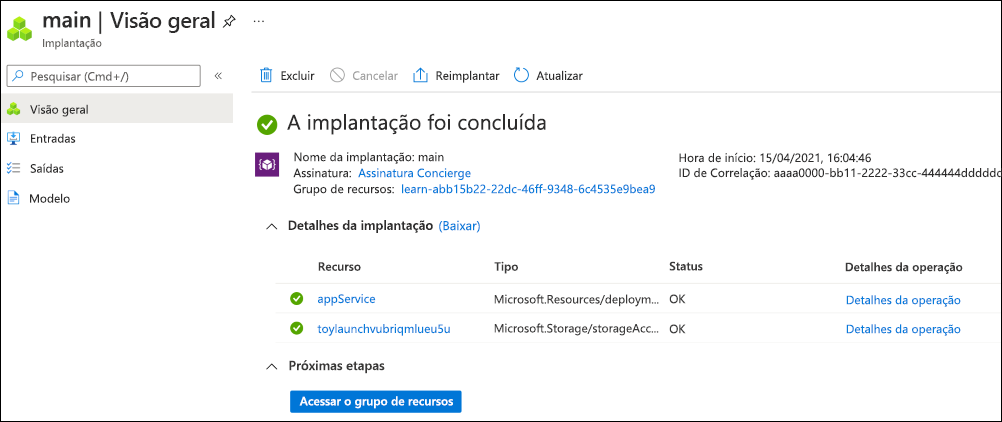 Captura de tela da interface do portal do Azure para a implantação específica, com um recurso listado.