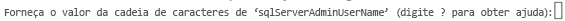 Captura de tela que mostra a linha de comando da CLI do Azure solicitando que você insira um nome de usuário de administrador do SQL Server.