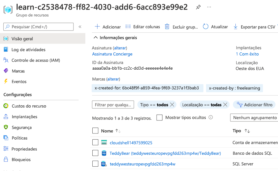 Captura de tela do painel de visão geral do grupo de recursos do portal do Azure, com uma seção exibindo uma implantação bem-sucedida.