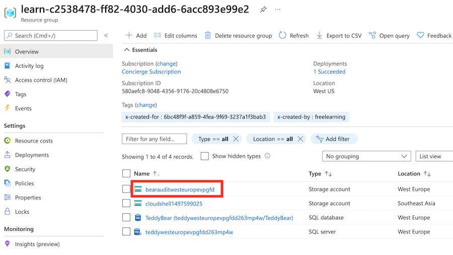 Captura de tela do painel de visão geral do grupo de recursos do portal do Azure, mostrando que uma conta de armazenamento está implantada para auditoria.