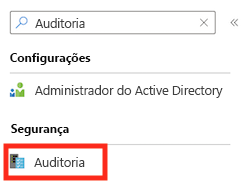 Captura de tela da interface do portal do Azure para o servidor lógico, mostrando o campo de pesquisa com o texto Auditoria inserido.