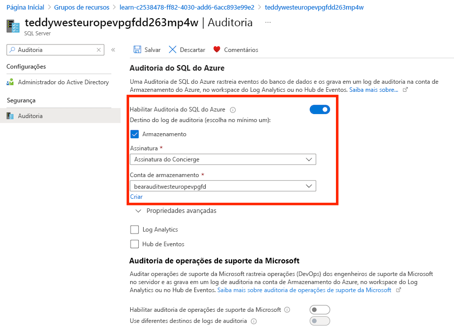 Captura de tela da interface do portal do Azure para o servidor lógico, mostrando que a configuração de auditoria está habilitada.