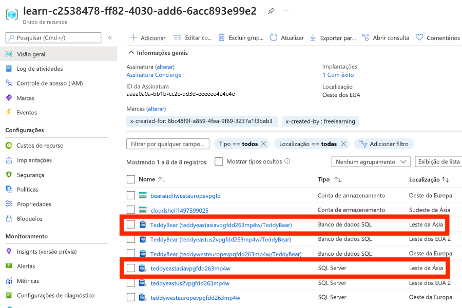 Captura de tela do portal do Azure, mostrando a implantação de um servidor lógico e um banco de dados em uma região adicional.