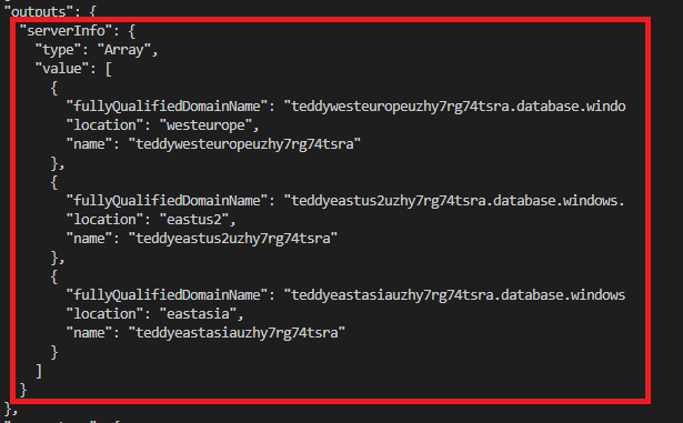 Captura de tela da saída da implantação, exibindo as propriedades dos servidores lógicos.