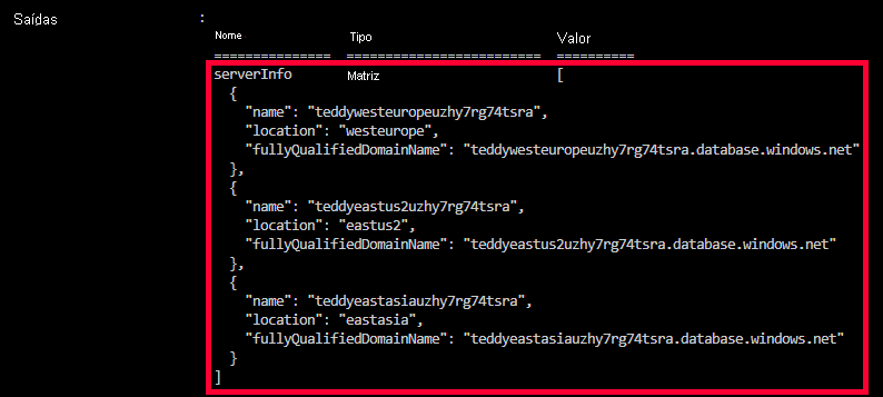 Captura de tela da saída da implantação, exibindo as propriedades dos servidores lógicos.