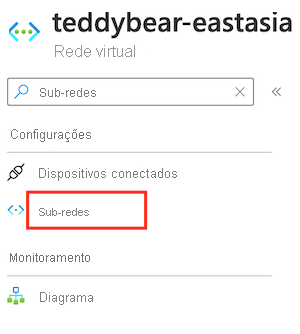 Captura de tela da interface portal do Azure para a rede virtual, mostrando o campo de pesquisa com o texto Sub-redes inserido.