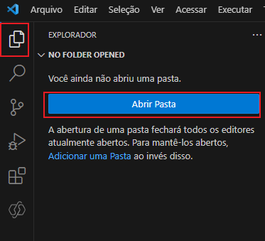 Captura de tela do botão Abrir pasta do Visual Studio Code.