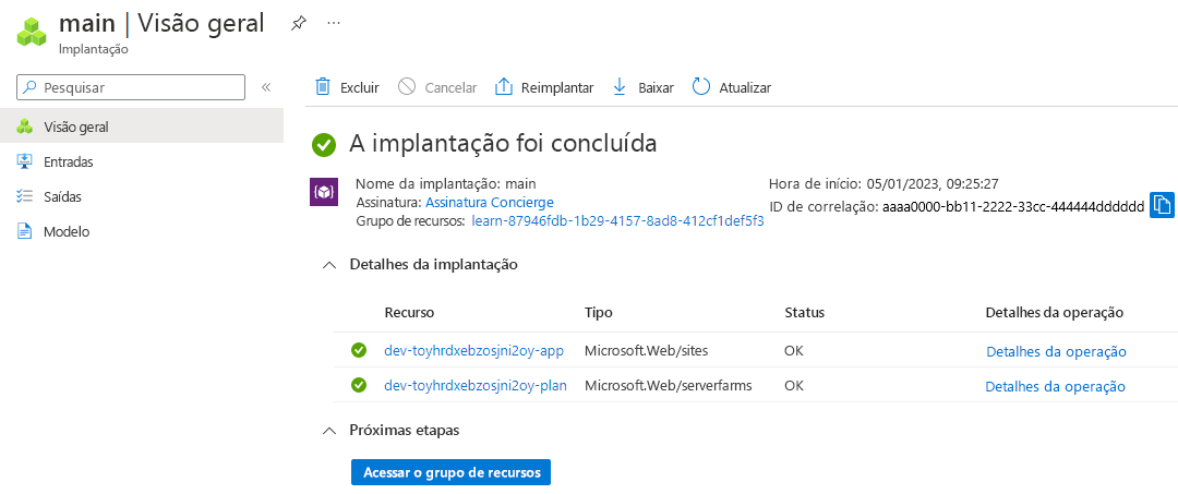 Captura de tela da interface do portal do Azure da implantação específica, com um Plano do Serviço de Aplicativo e um aplicativo listados.