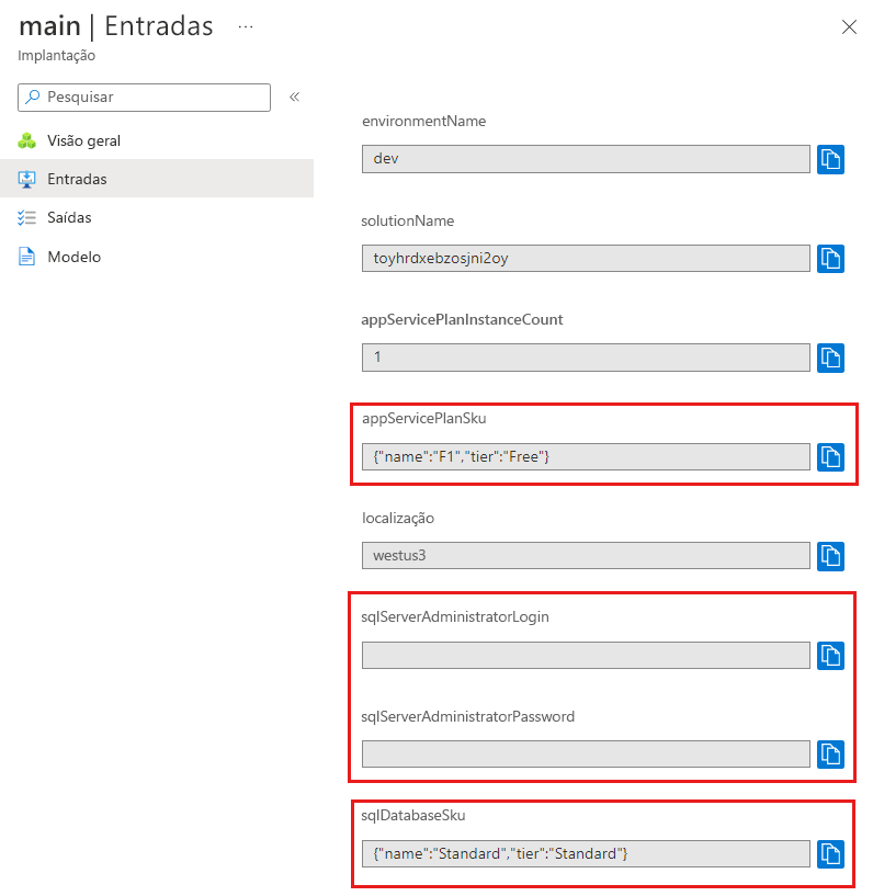 Captura de tela da interface do portal do Azure para a implantação específica exibindo os valores de parâmetros.