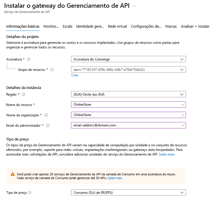 Captura de tela mostrando as configurações de um serviço de Gerenciamento de API.