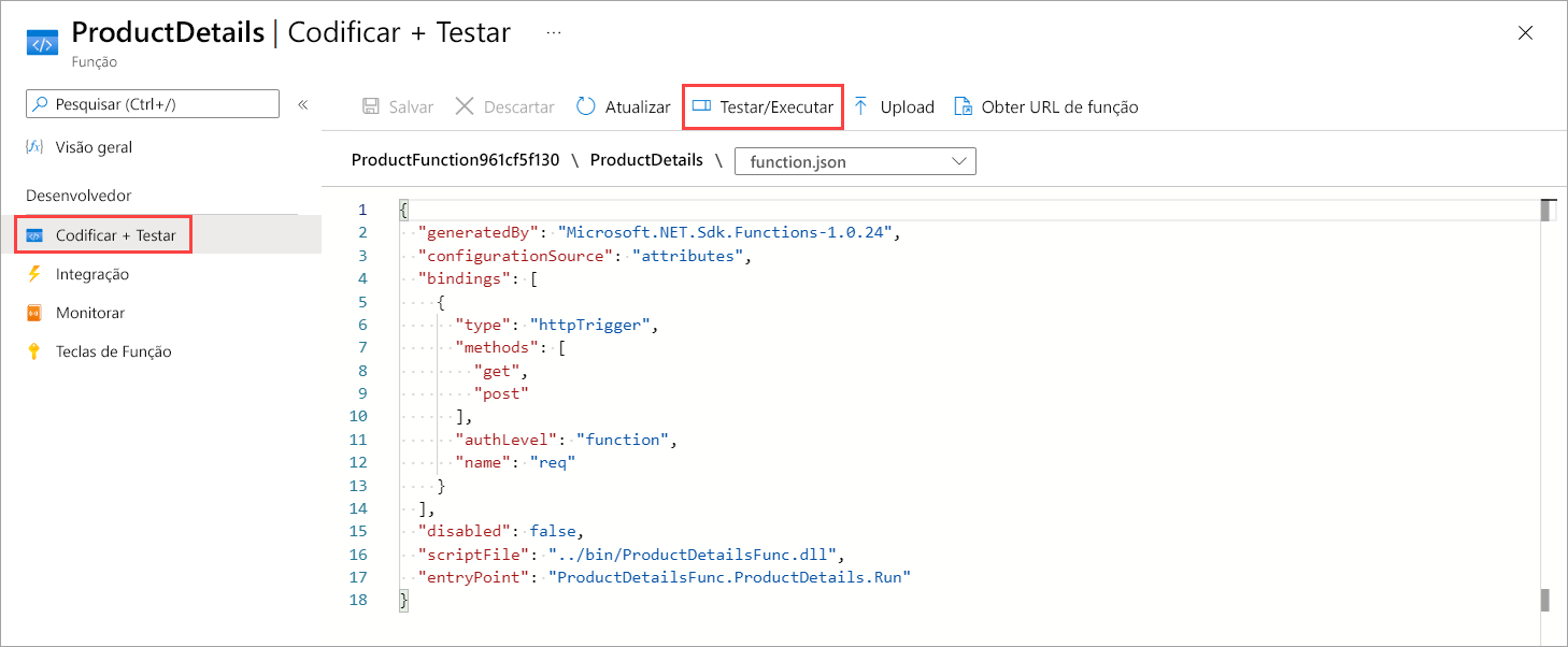 Captura de tela do painel Codificar e Testar ProductDetails, com Testar/Executar selecionado na barra de comandos.