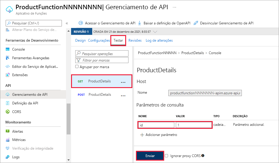 Captura de tela mostrando o Console ProductDetails com valores de parâmetro de consulta realçados para a solicitação HTTP GET.