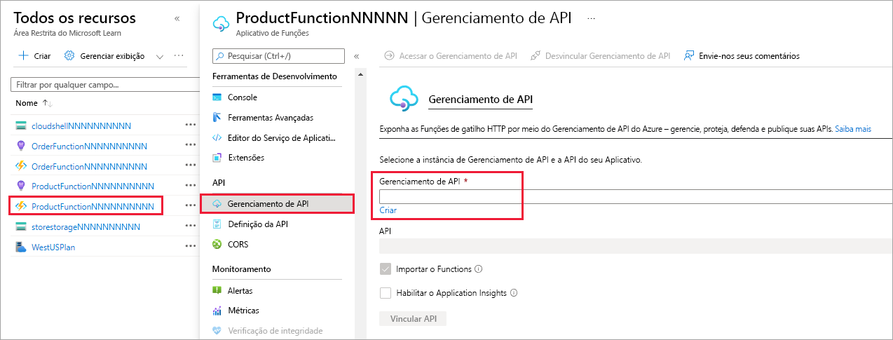 Captura de tela mostrando a seleção de menu para abrir o serviço de aplicativo do Gerenciamento de API.