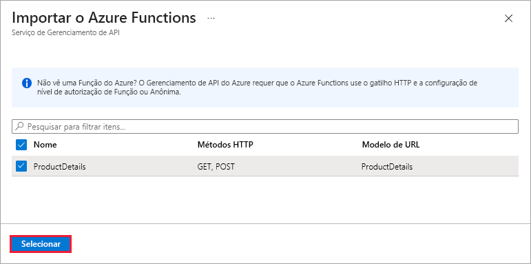 Captura de tela mostrando o painel Importar Azure Functions do serviço de Gerenciamento de API.