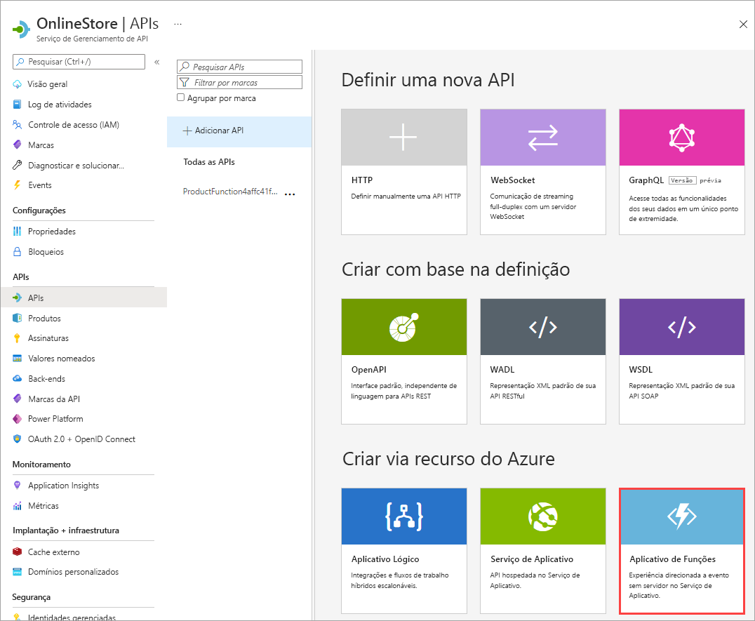 Captura de tela da opção Adicionar uma nova API com um texto explicativo que destaca o Aplicativo de Funções do Azure.