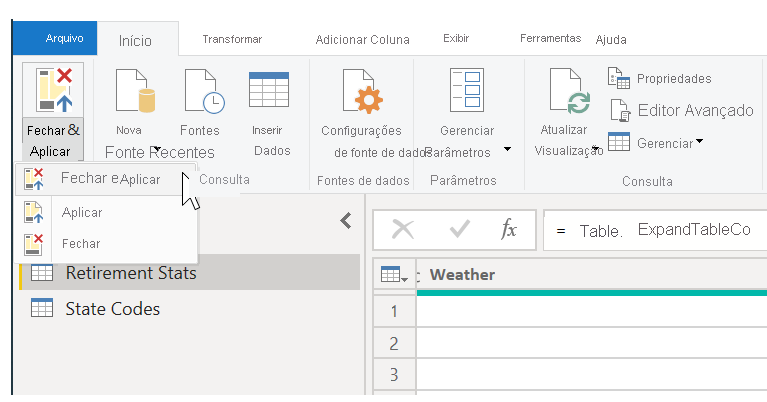 Fechar e aplicar as configurações de dados