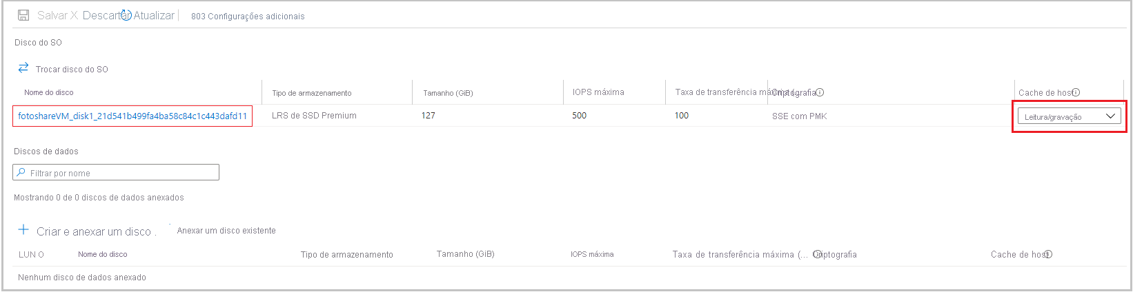 Screenshot of the Azure portal showing the Disks section of a VM pane, with the OS disk shown and set to Read-only caching.