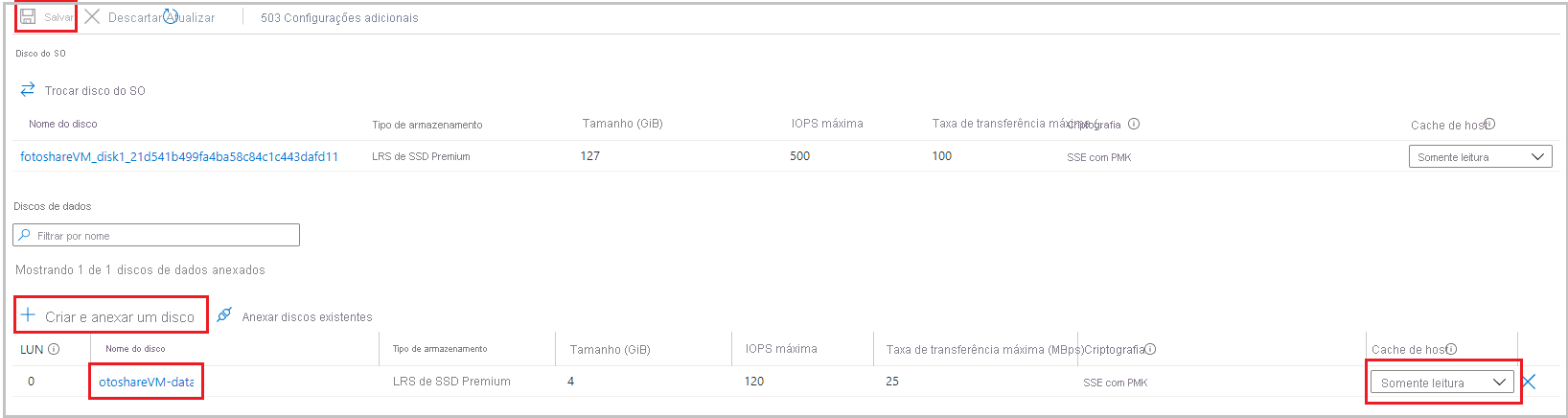 Screenshot of our OS and data disks, both set to Read-only caching.