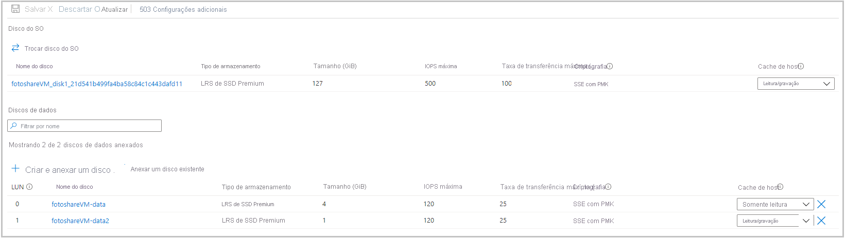 Screenshot of the Azure portal showing the Disks section of our VM pane with two data disks.