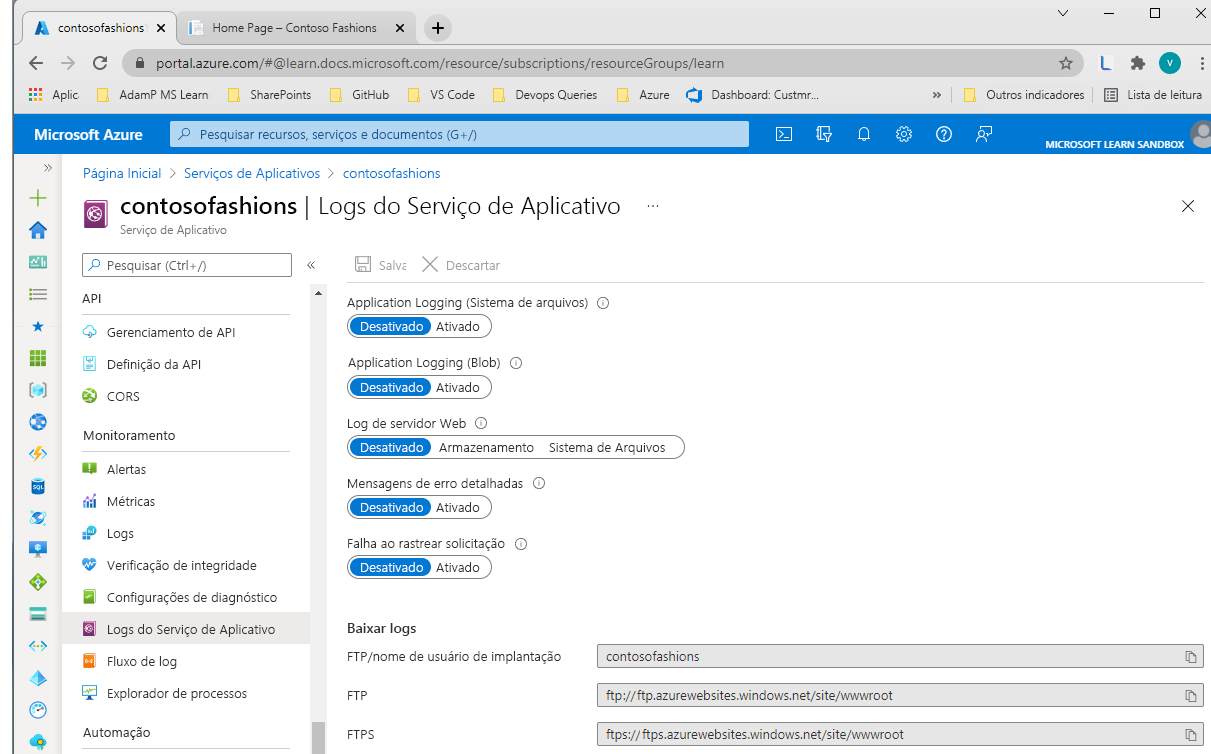 Screenshot of Diagnostics logs pane in the Azure portal.