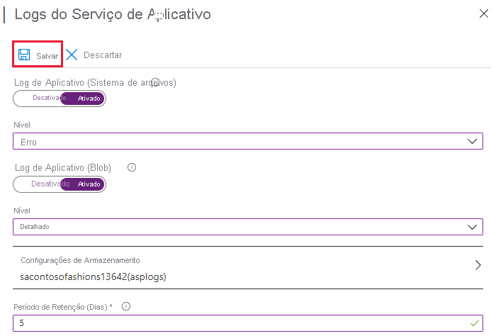 Screenshot of configuring application logs in the Azure portal with Save highlighted.