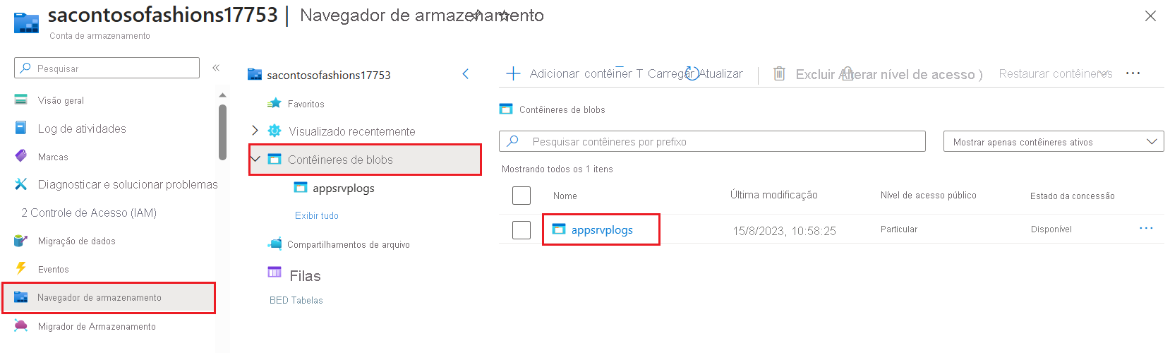 Captura de tela do navegador de armazenamento para baixar logs de aplicativos do Windows de contêineres de blob.