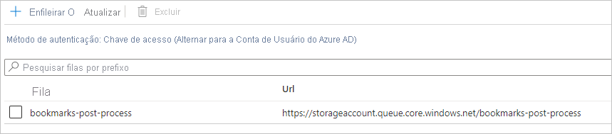 Captura de tela mostrando filas hospedadas por essa conta de armazenamento.