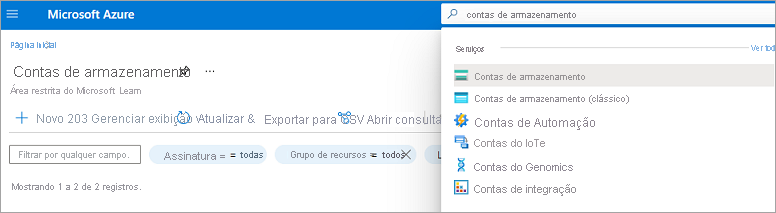 Captura de tela mostrando os resultados da pesquisa para a pesquisa Conta de Armazenamento.