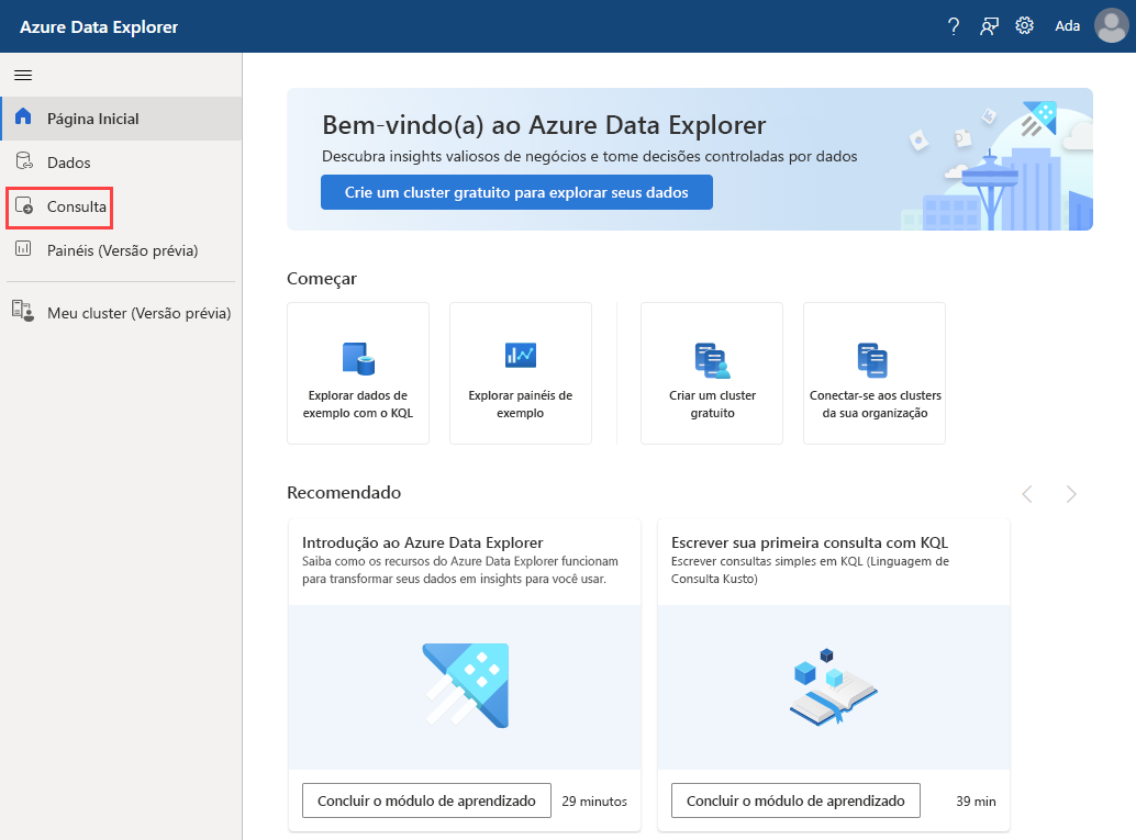 Captura de tela da página inicial do Azure Data Explorer.