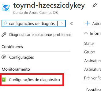 Screenshot of the Azure portal interface for the Azure Cosmos DB account, showing the search field with 'Diagnostic settings' entered and the 'Diagnostic settings' menu item highlighted.