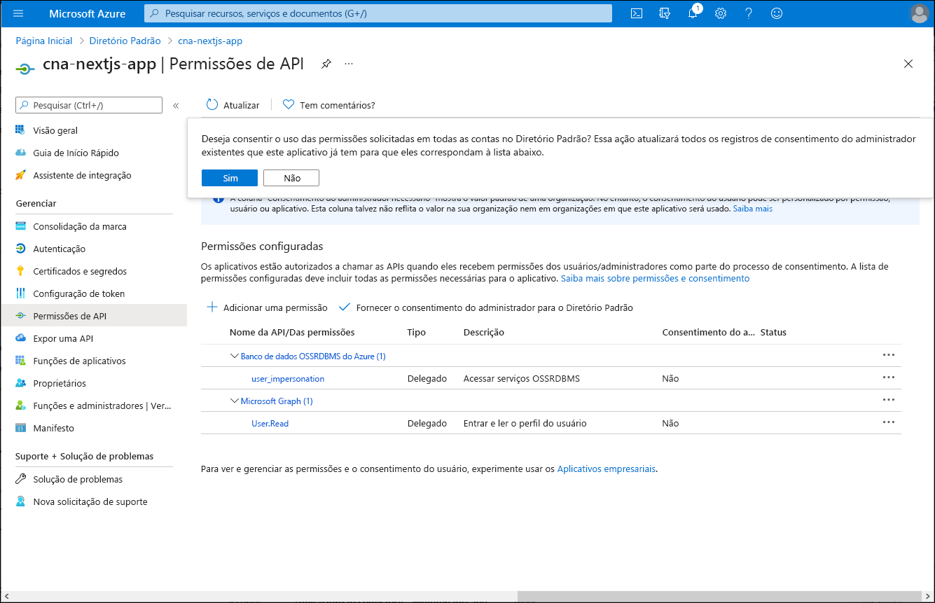 Captura de tela do painel cna-nextjs-app Permissões de API, no portal do Azure, com o prompt para confirmar a concessão de consentimento do administrador.