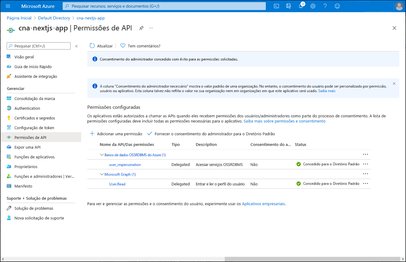 Captura de tela do painel cna-nextjs-app Permissões de API, no portal do Azure, com o consentimento e as permissões concedidas.