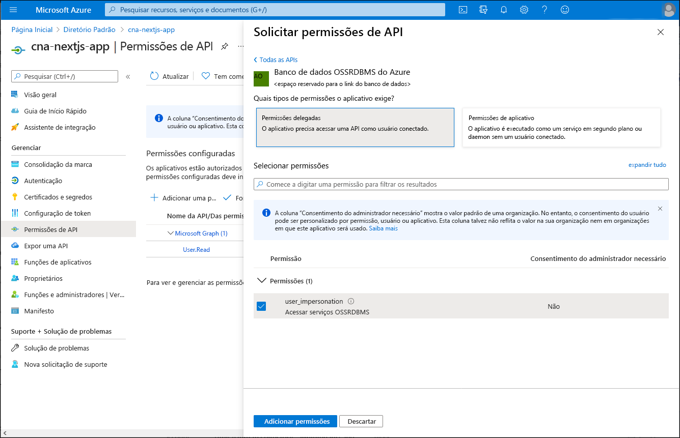 Captura de tela do painel Solicitar permissões de API no portal do Azure, com a opção Permissões delegadas selecionada.