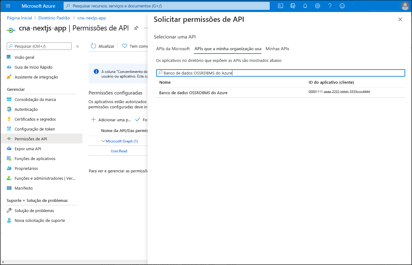 Captura de tela do painel Solicitar permissões de API no portal do Azure.