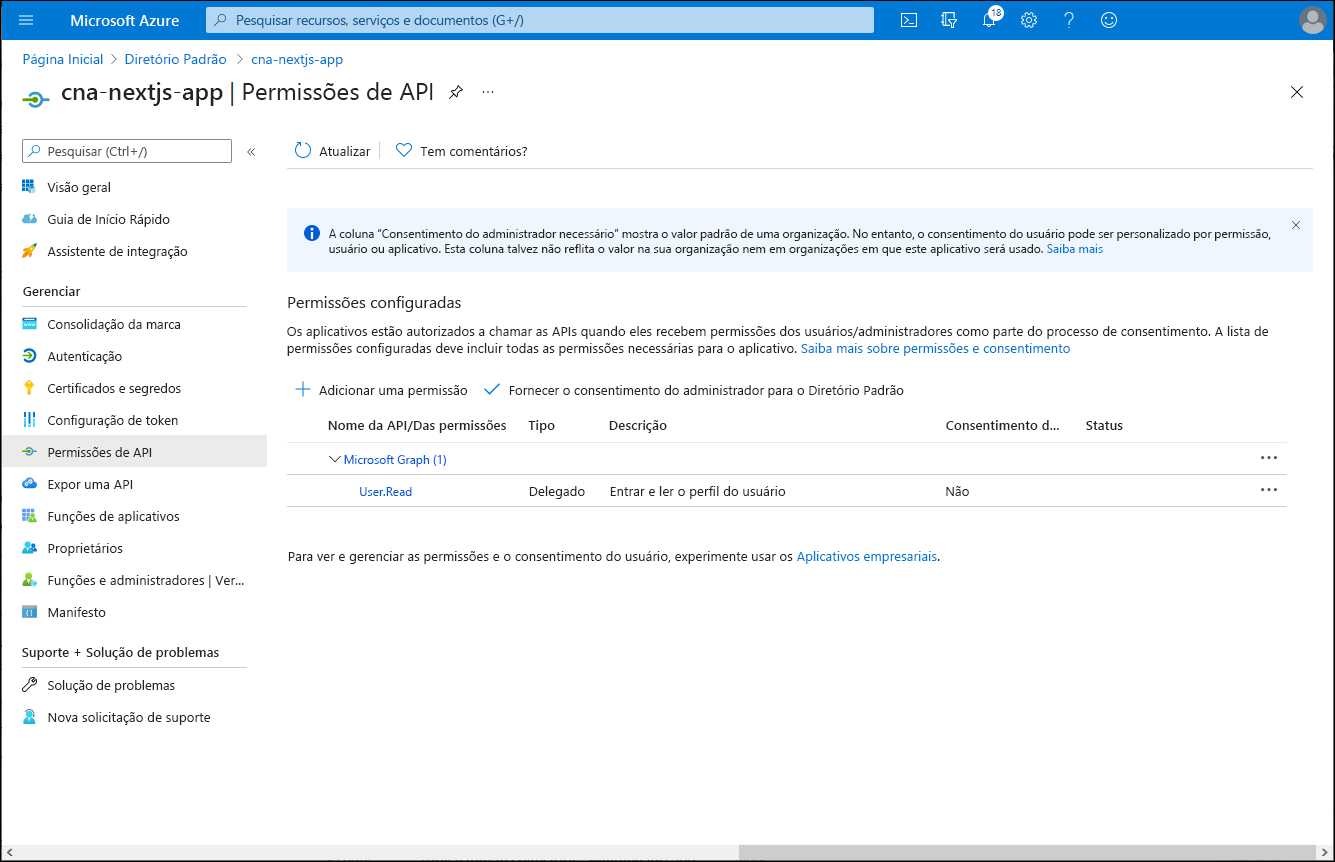 Captura de tela do painel de permissões de API do cna-nextjs-app no portal do Azure.