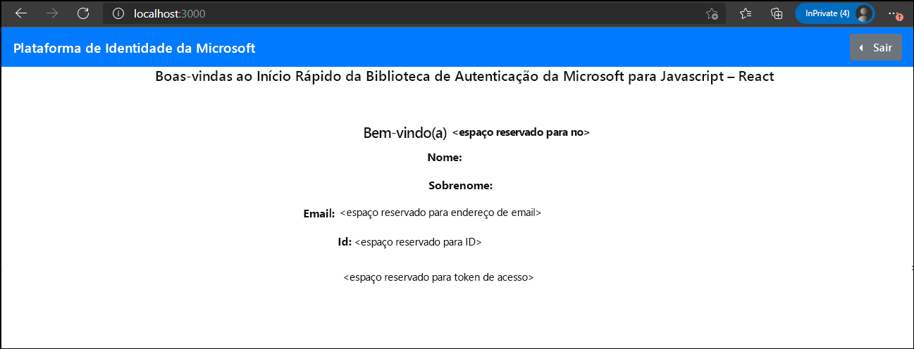 Captura de tela da página Bem-vindo à Biblioteca de Autenticação da Microsoft para JavaScript – Início rápido para React, com a informação do perfil adatumuser1.